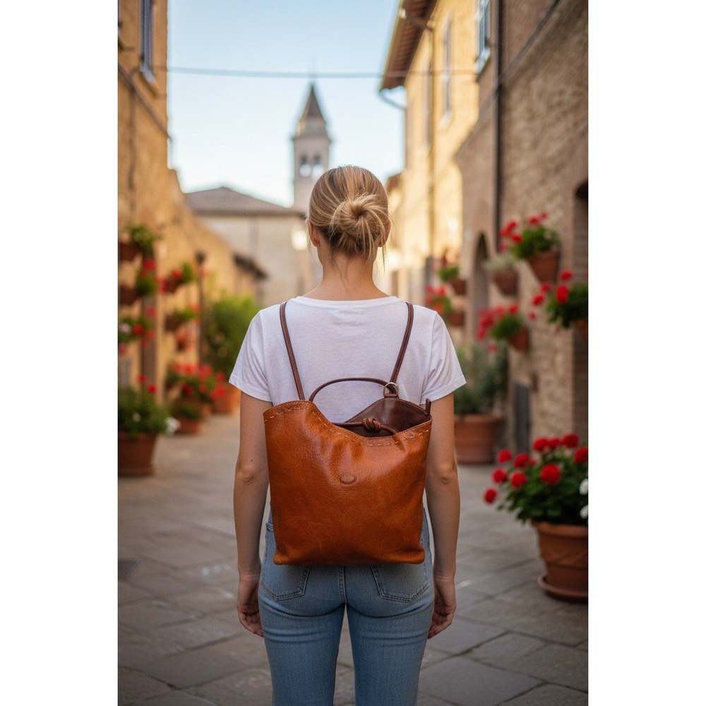 Cuoieria Fiorentina Leather Convertible Tote Backpack Womens Cognac Brown Italy